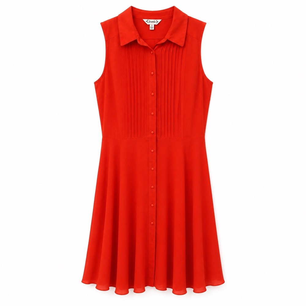 Nanette Lepore Red Sleeveless Pleated Bib Shirt Dress Womens 8 Button Down Front